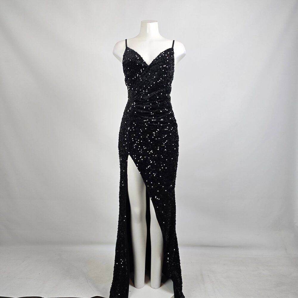 Ricarica Black Sequined High Slit Long Gown Size M